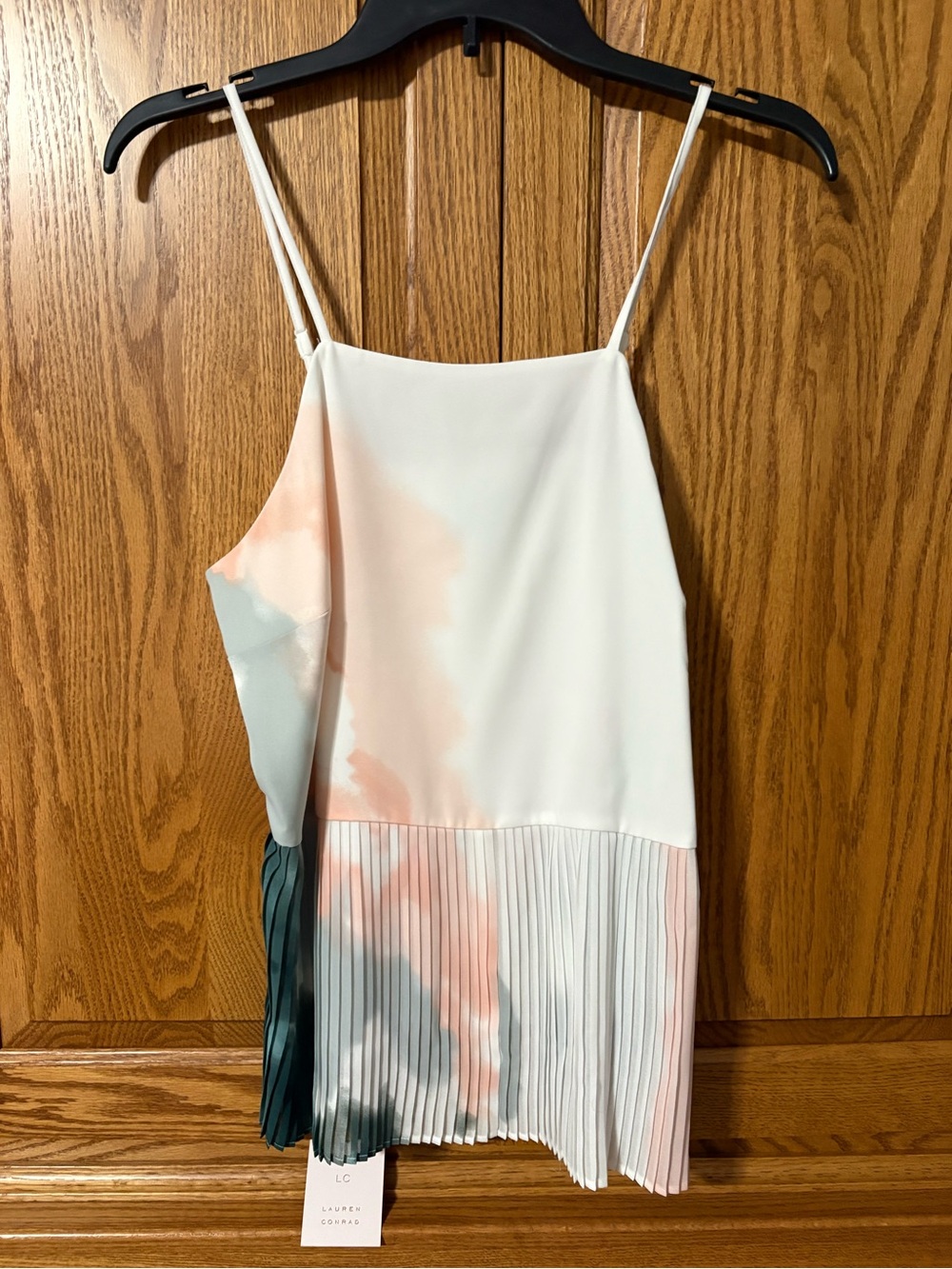 Nine West White Pleated Spaghetti Strap Blouse with Pink and Teal Accents